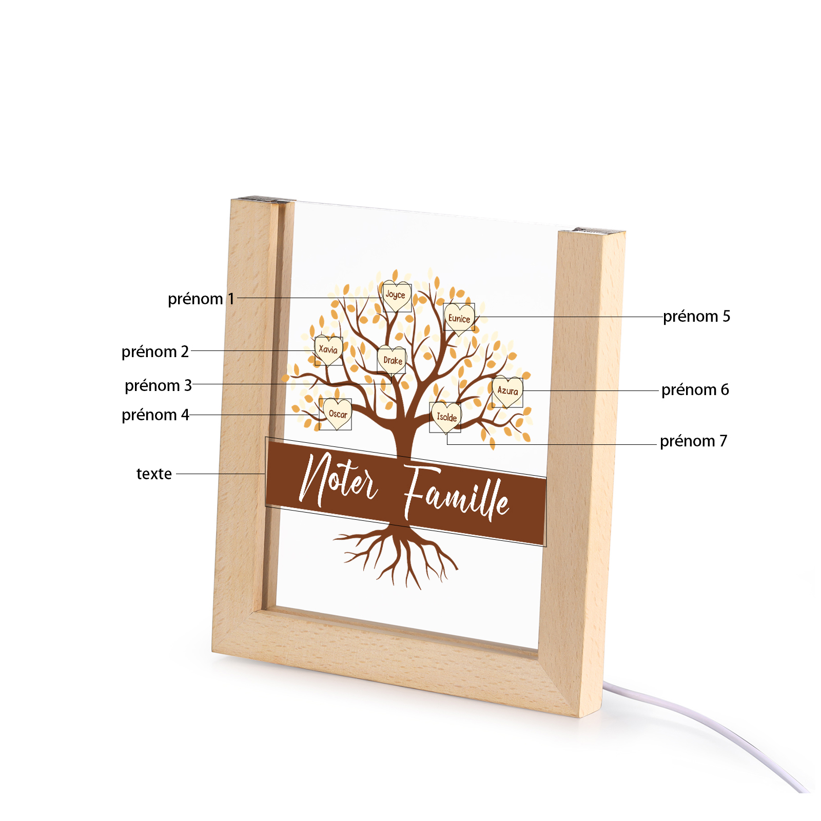 À Maman/Mamie - Lampe de chevet LED Arbre 7 Prénoms Personnalisés avec 1 Texte