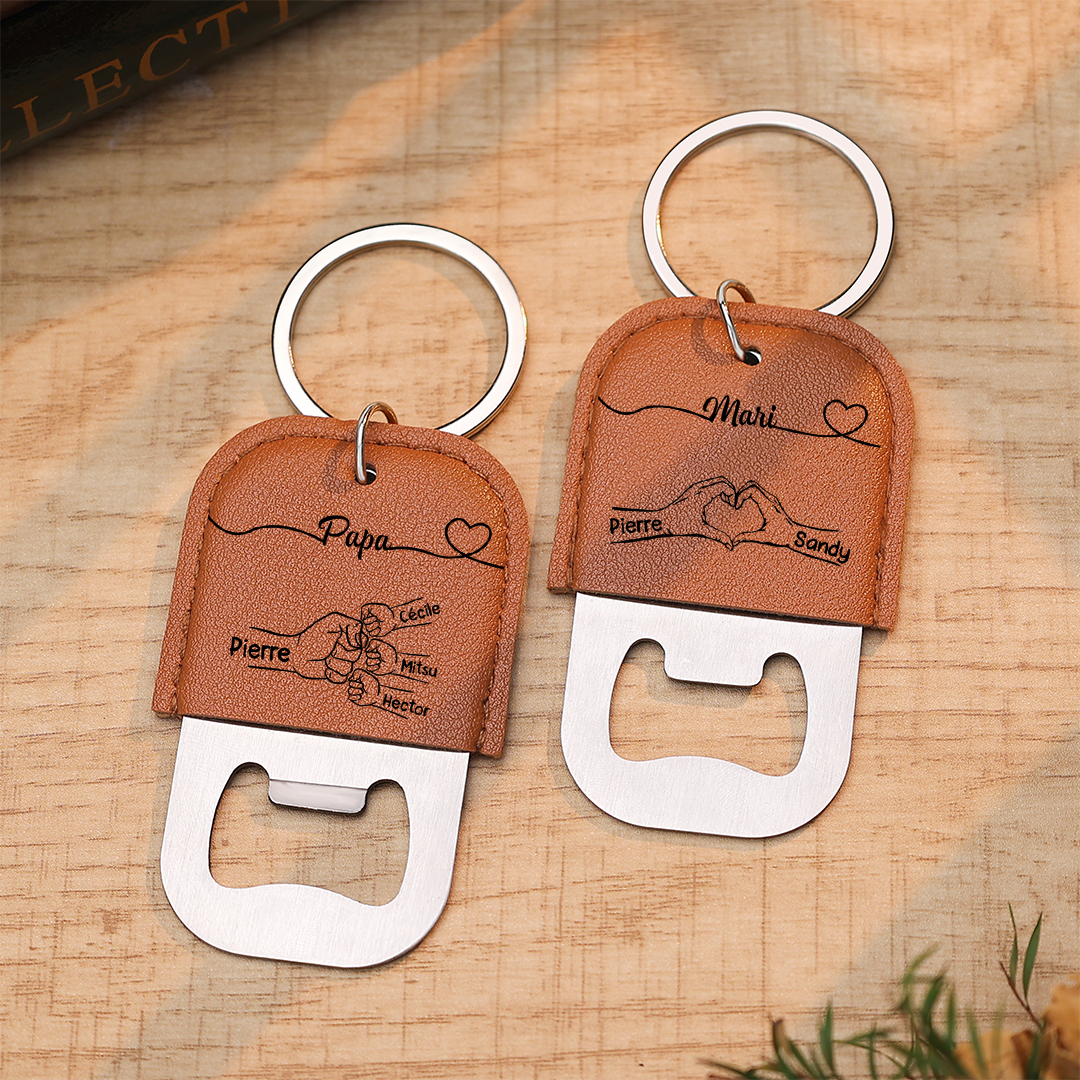 Porte-Clés Décapsuleur Personnalisé avec Nom et Poing en cuir pour Papa ou Mari