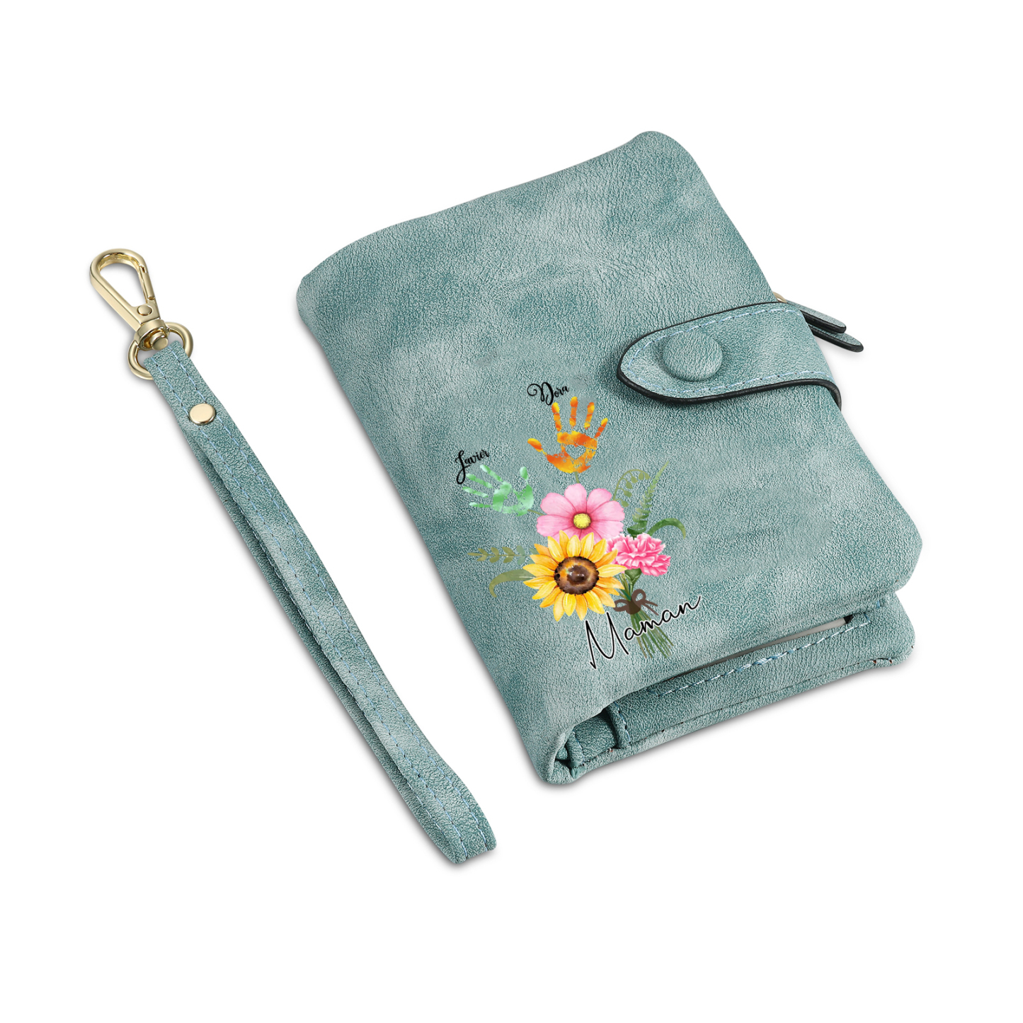 Portefeuille Fleurs 2 Prénoms et 1 Texte Personnalisés Porte-Monnaie Carte pour Femmes