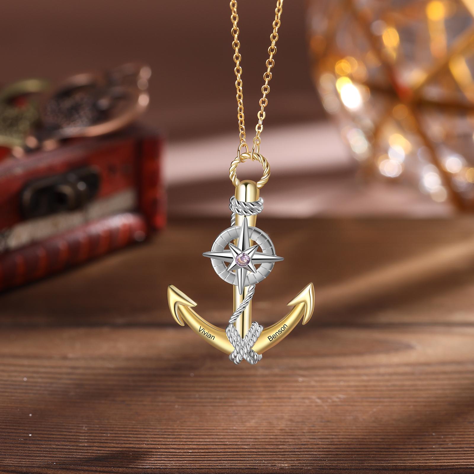 Collier d'ancre marine nautique Pirate ancre pendentif 2 Prénom Personnalisés avec pierre de naissance