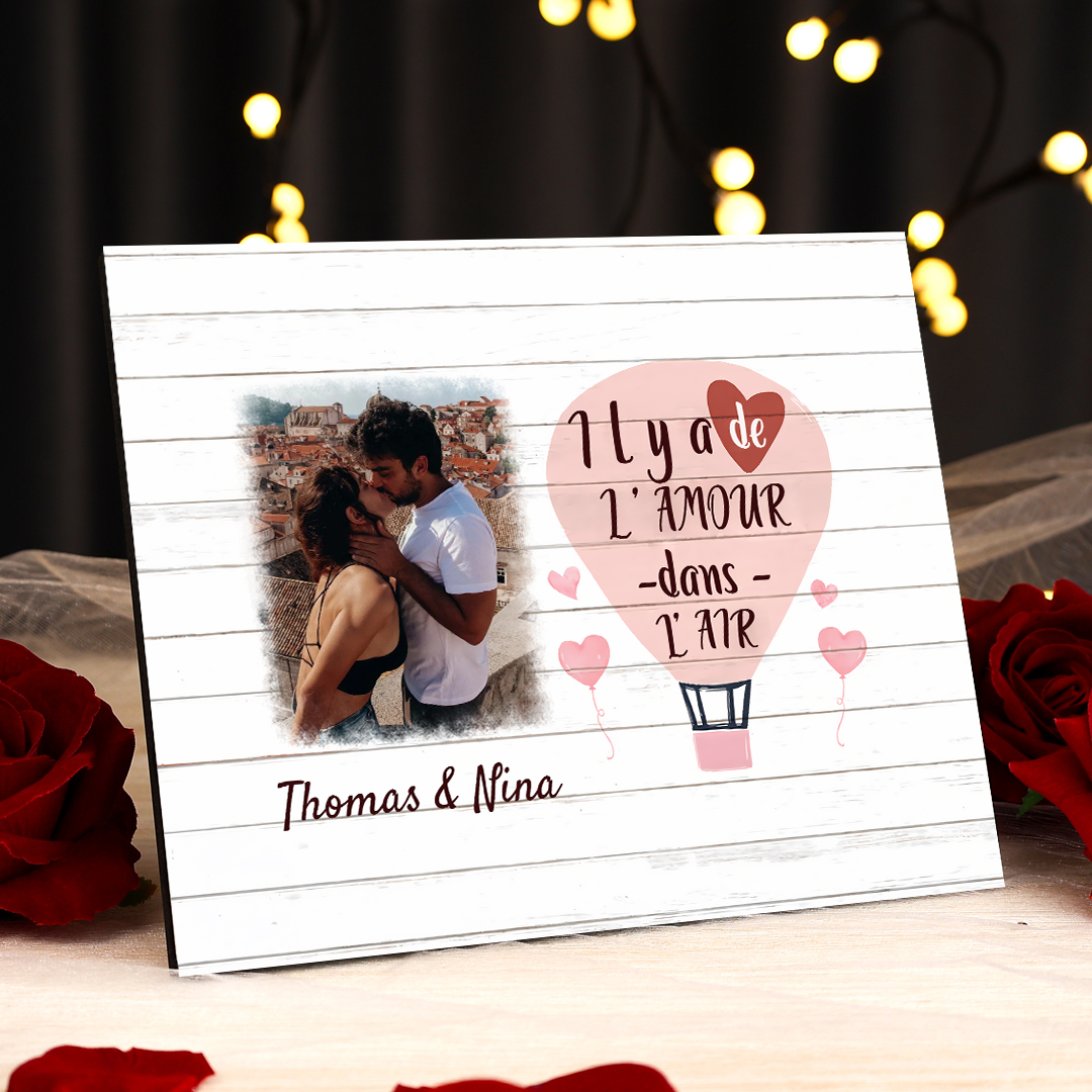 Cadre en Bois 2 Prénoms Personnalisés avec Photo pour Couple Cadeau Saint Valentin