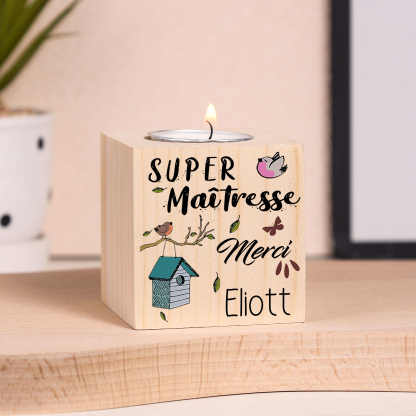 « Super Maîtresse Merci »-Bougeoirs en Bois Prénom Personnalisé sans Bougie | Jessemade