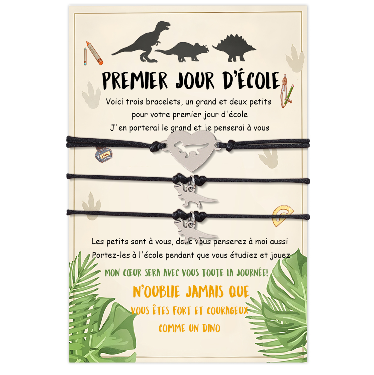 Jessemade FR 3PCS Ensemble de Bracelets Dinosaure et Cœur- Cadeau Rentrée Scolaire