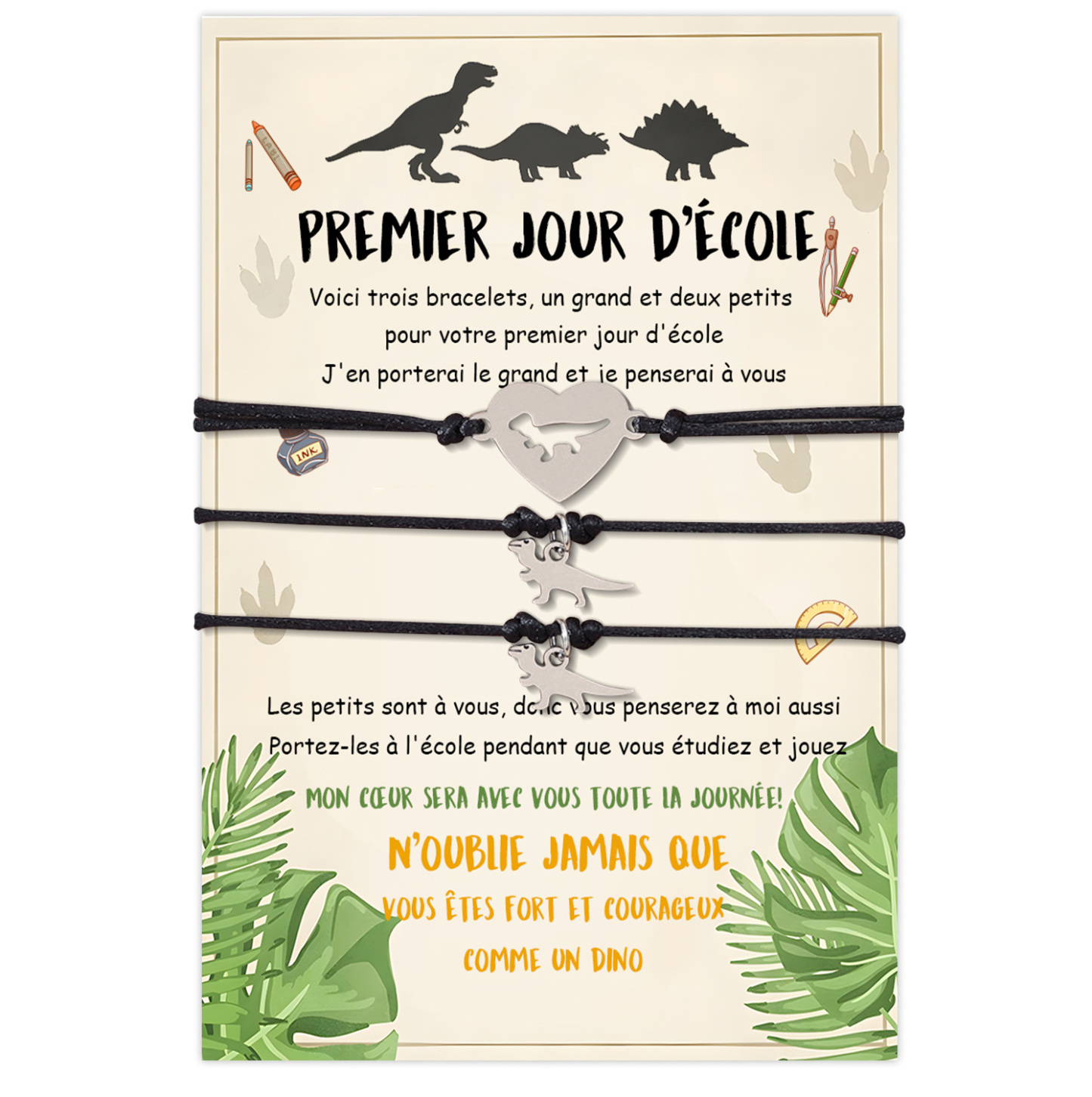 Jessemade FR 3PCS Ensemble de Bracelets Dinosaure et Cœur- Cadeau Rentrée Scolaire