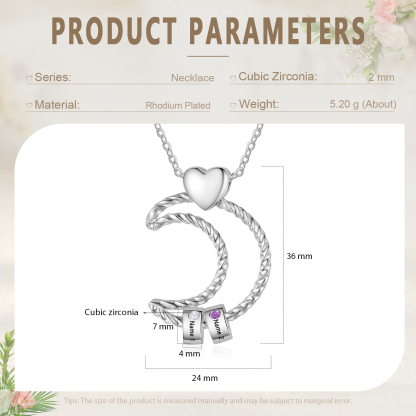 Collier Pendentif Lune 2 Prénoms et Perles Personnalisés avec Pierres de Naissance Collier Femmes