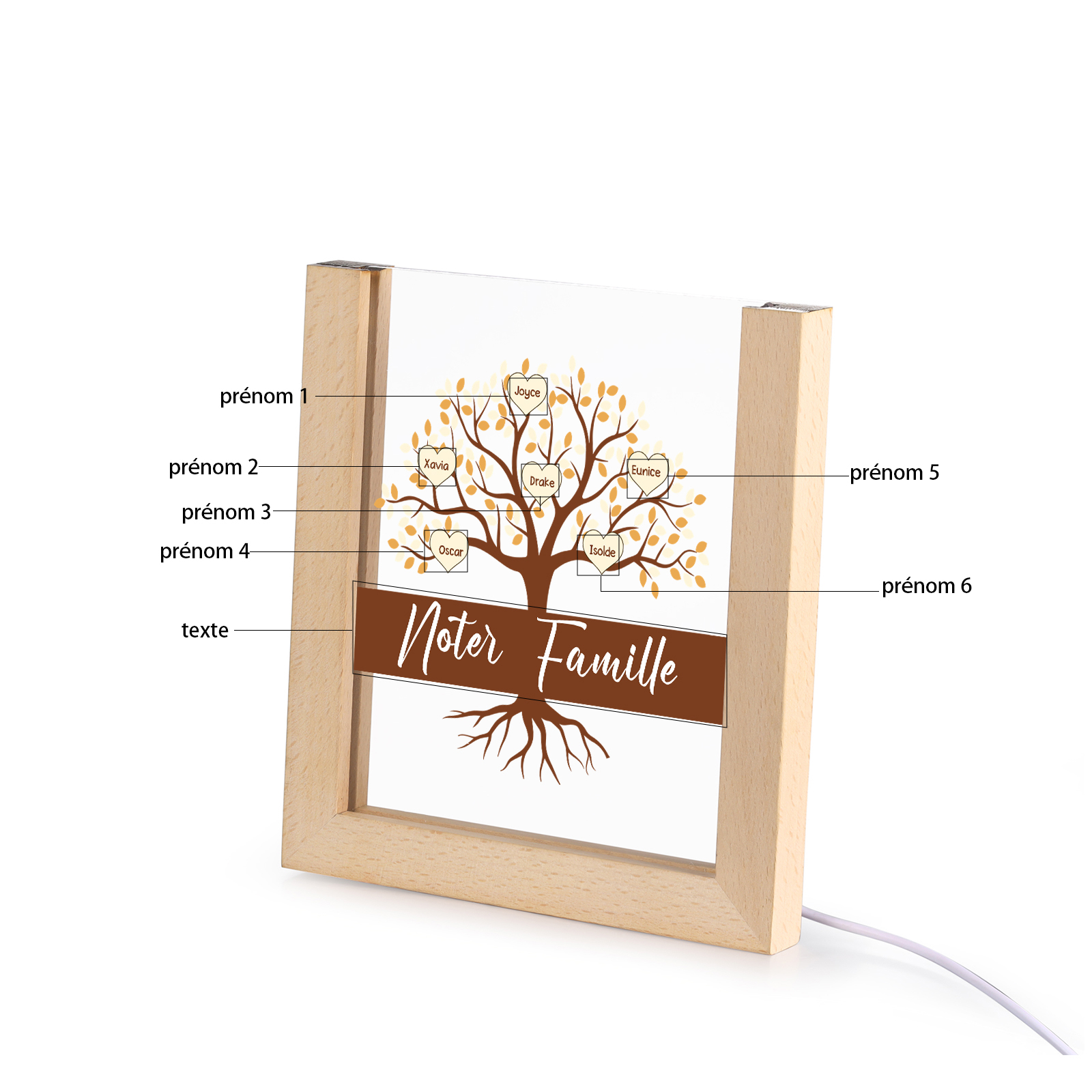 À Maman/Mamie - Lampe de chevet LED Arbre 6 Prénoms Personnalisés avec 1 Texte