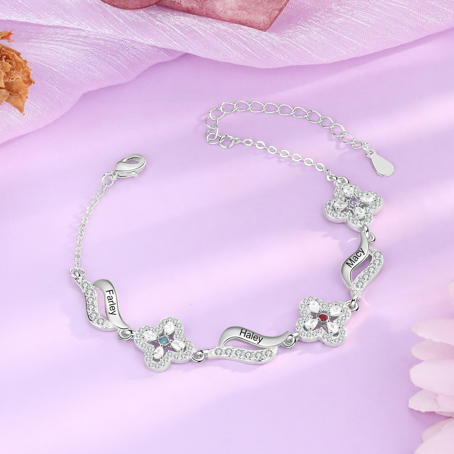 Bracelet Fleurs 3 Prénoms Personnalisés avec 3 Pierres de Naissance pour Femme | Jessemade