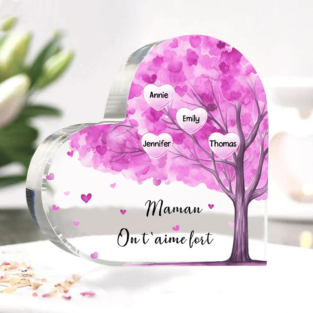 À ma Maman/Mamie - Plaque Acrylique Arbre en Forme de Cœur 4 Prénoms Personnalisés avec 1 Texte