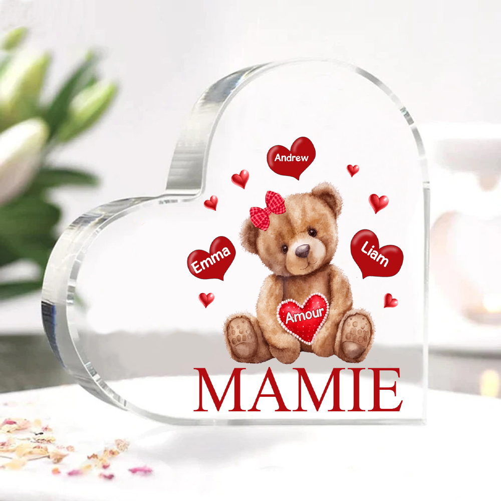 À ma Maman/Mamie - Plaque Acrylique Ours en Forme de Cœur 3 Prénoms Personnalisés avec 1 Texte
