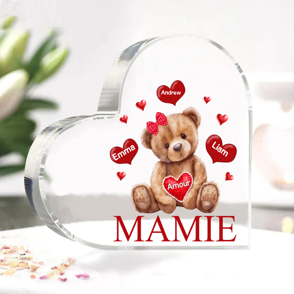 À ma Maman/Mamie - Plaque Acrylique Ours en Forme de Cœur 3 Prénoms Personnalisés avec 1 Texte