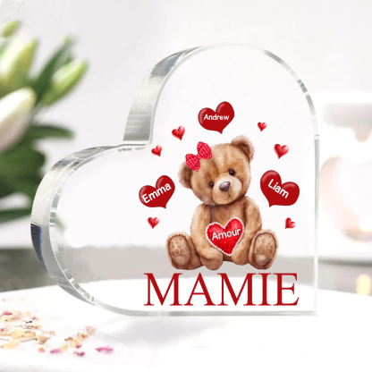 À ma Maman/Mamie - Plaque Acrylique Ours en Forme de Cœur 3 Prénoms Personnalisés avec 1 Texte