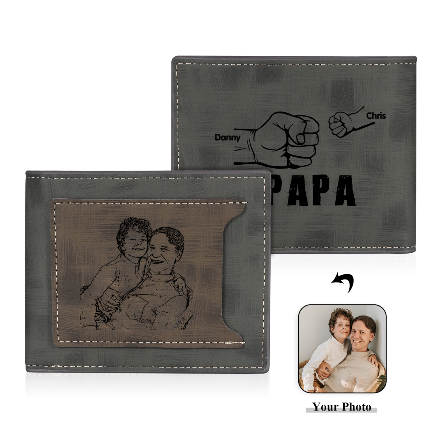 À mon Papa - Portefeuille Poings 2 Prénoms Personnalisés avec Photo Classique Homme Porte-Monnaie Carte