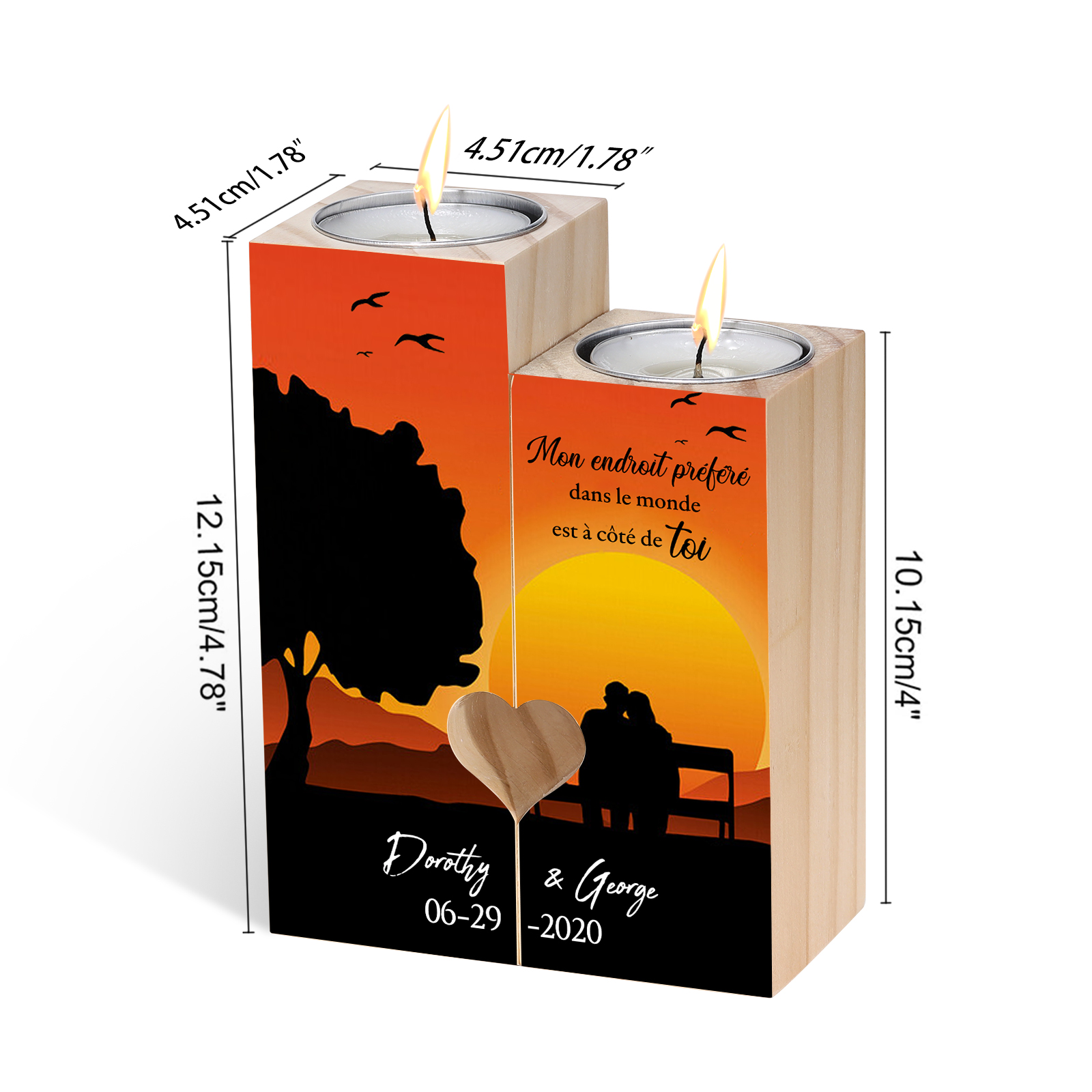 Bougeoir en Bois 2 Prénoms et 1 Date Personnalisés sans bougie cadeau pour Couple | Jessemade