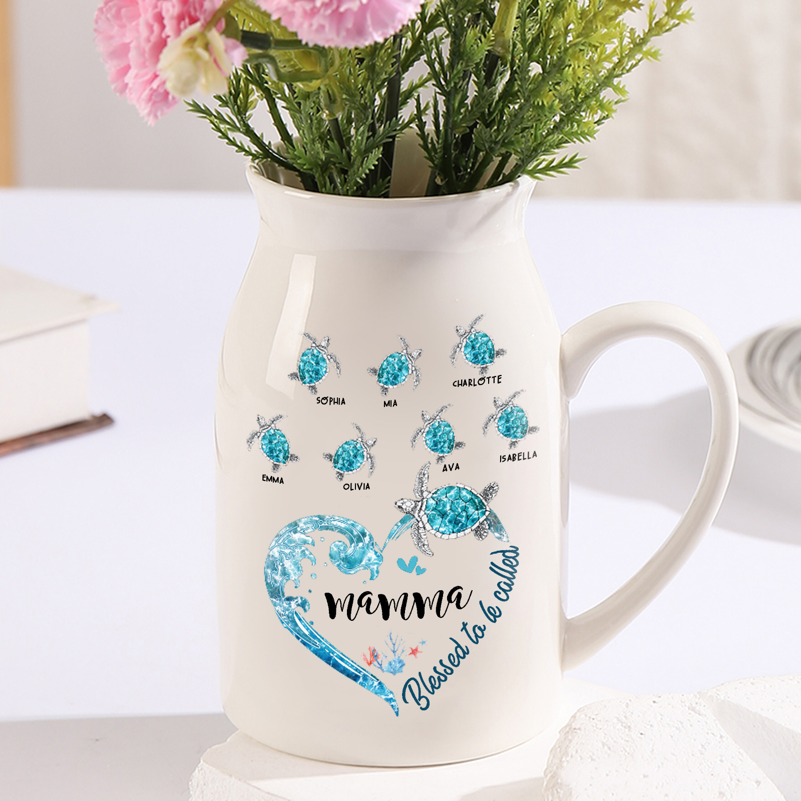 Vase à Fleurs Tortue de Mer 7 Prénoms Personnalisés avec 1 Texte Décoration de la Maison
