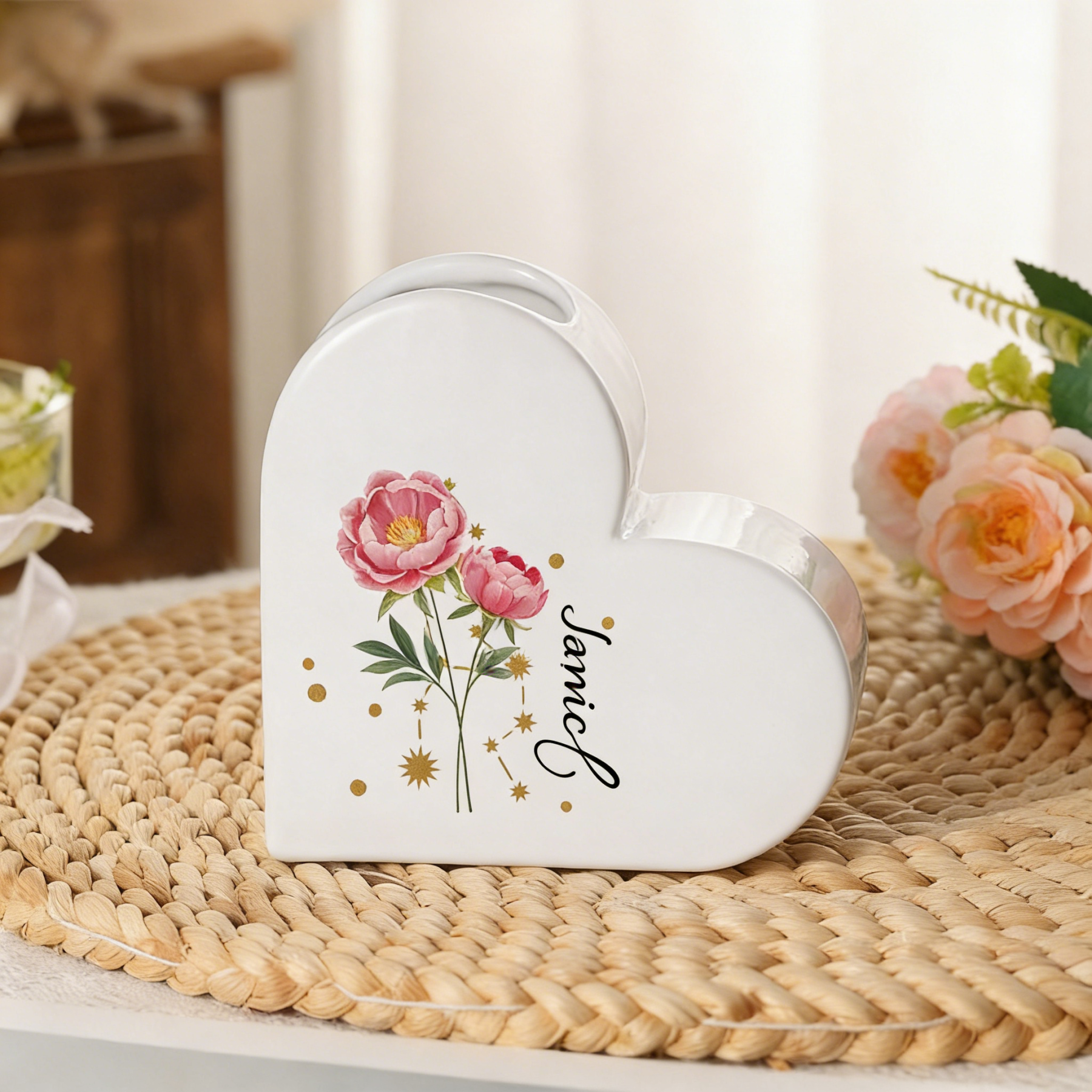 Vase Cœur en céramique Personnalisé avec Fleurs de naissance et signes du zodiaque