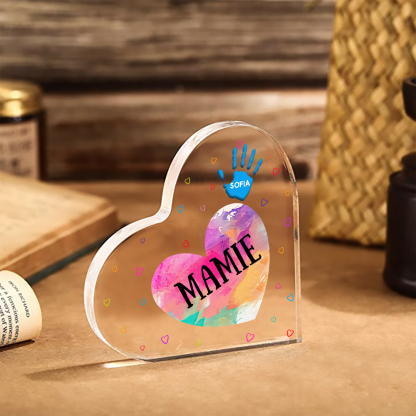 À ma Maman/Mamie - Plaque Acrylique Mains et Enfants en Forme de Cœur 2 Prénoms Personnalisés