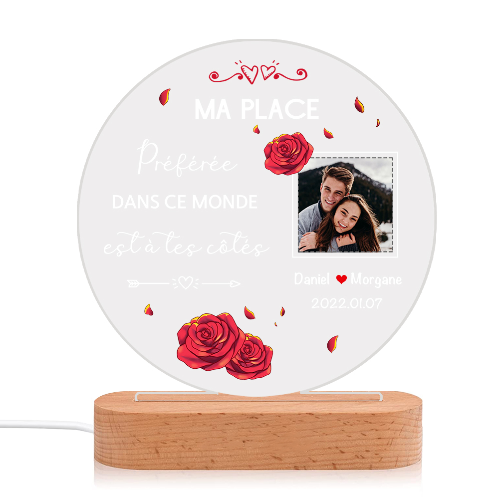 Lampe de chevet Couple LED Lumières 2 Prénoms et 1 Photo Personnalisés avec Date