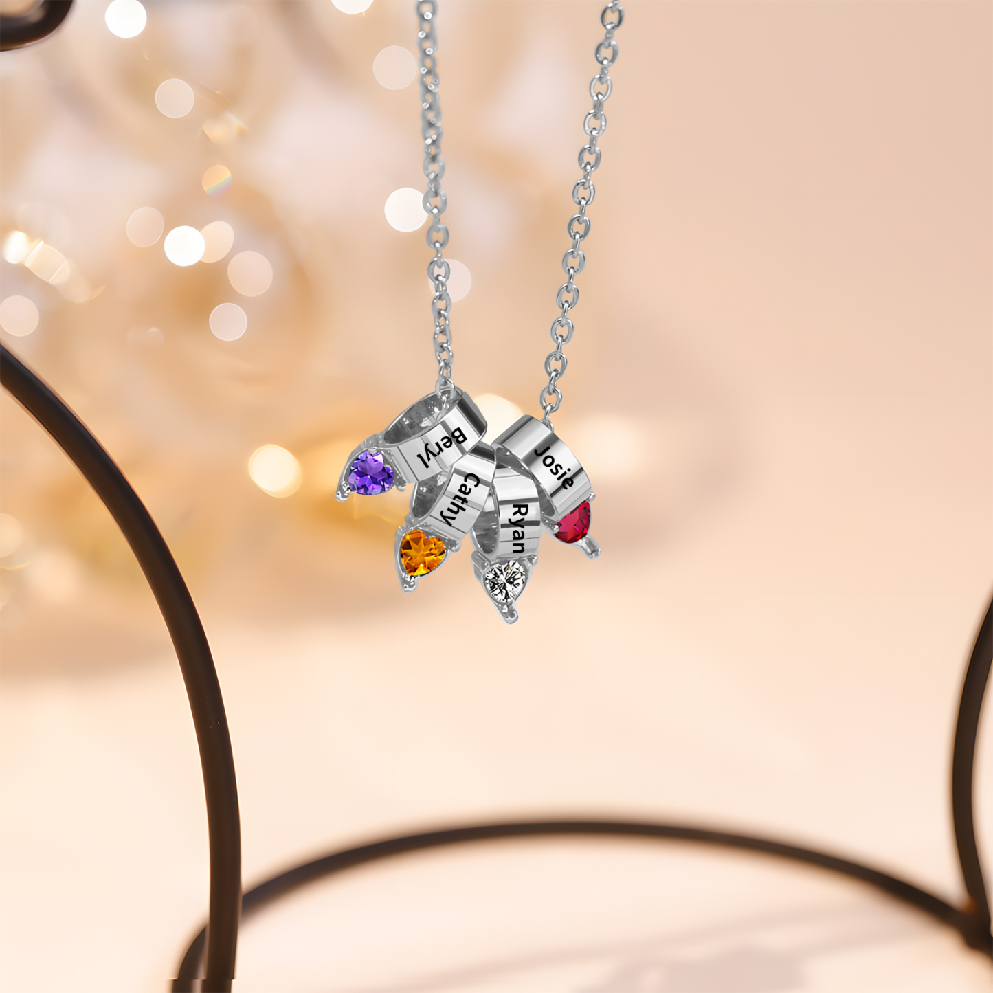 Collier Pendentif Cœur 4 Prénoms et Pierres de Naissance Personnalisés Collier Femmes