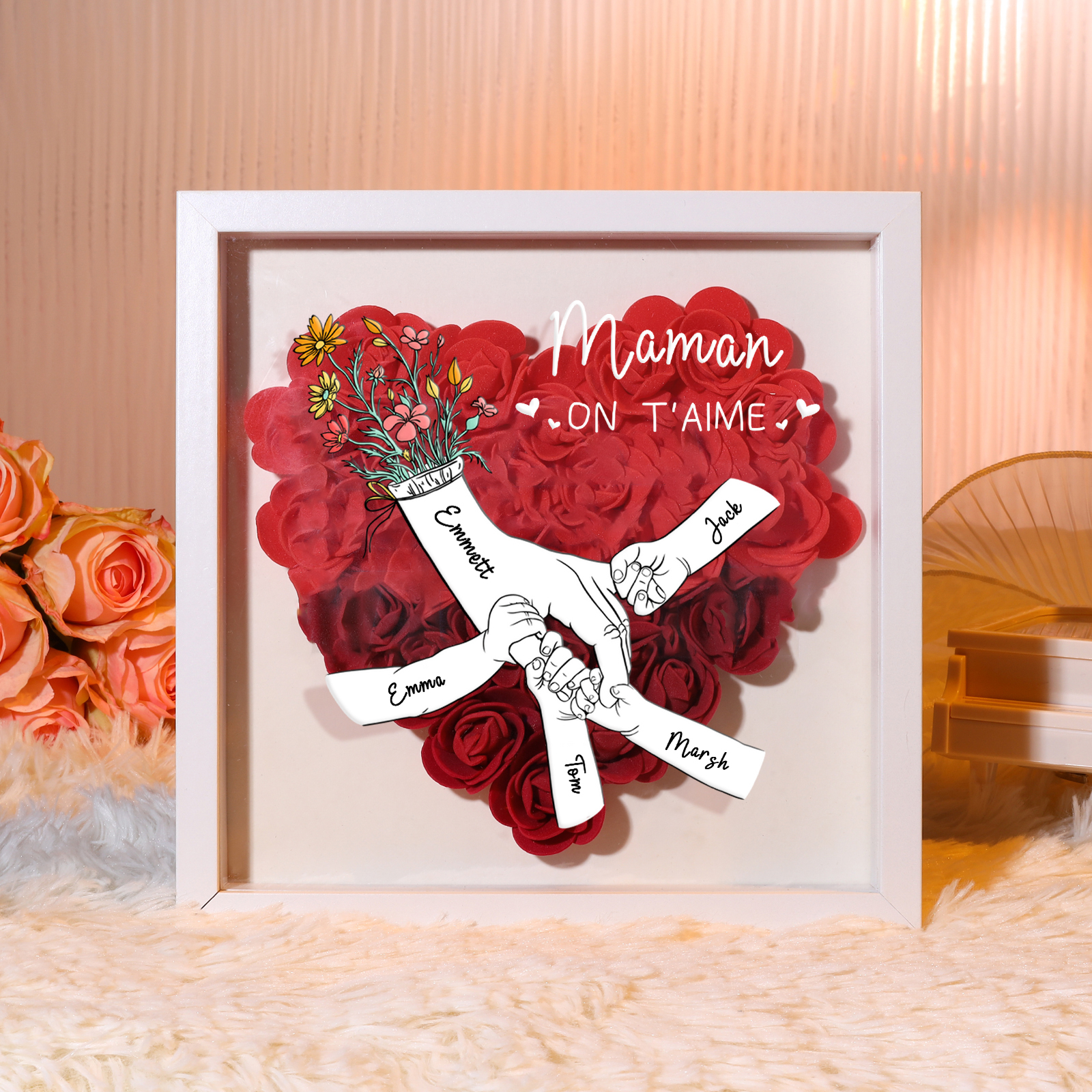 À ma Maman - Cadre Panneau de densité la main dans la main 5 Prénoms et 1 Texte Personnalisés Ornements Floral pour Famille