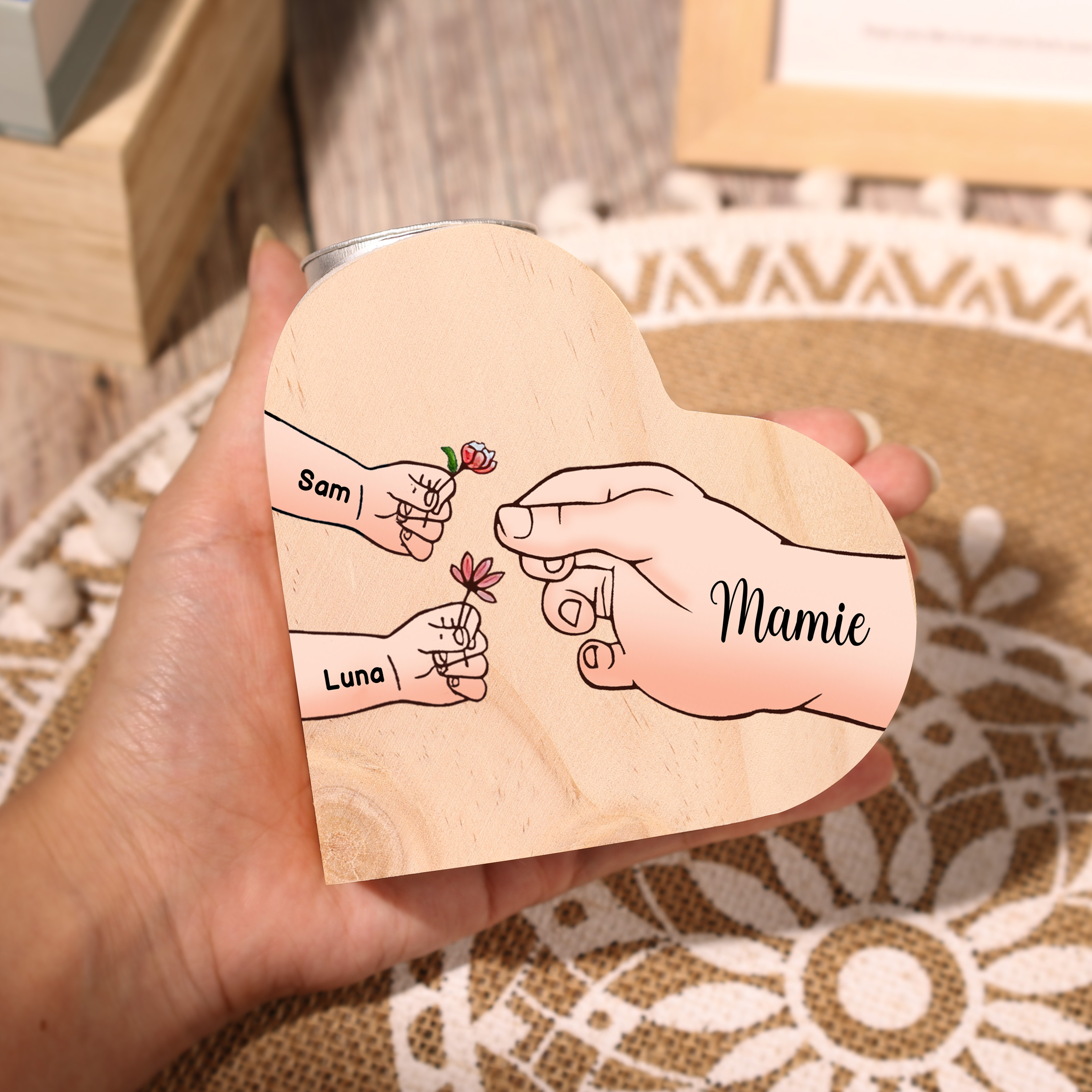 À Ma Maman/Mamie - Bougeoir en Bois Mains et Enfants 3 Prénoms Personnalisés pour Famille sans bougie