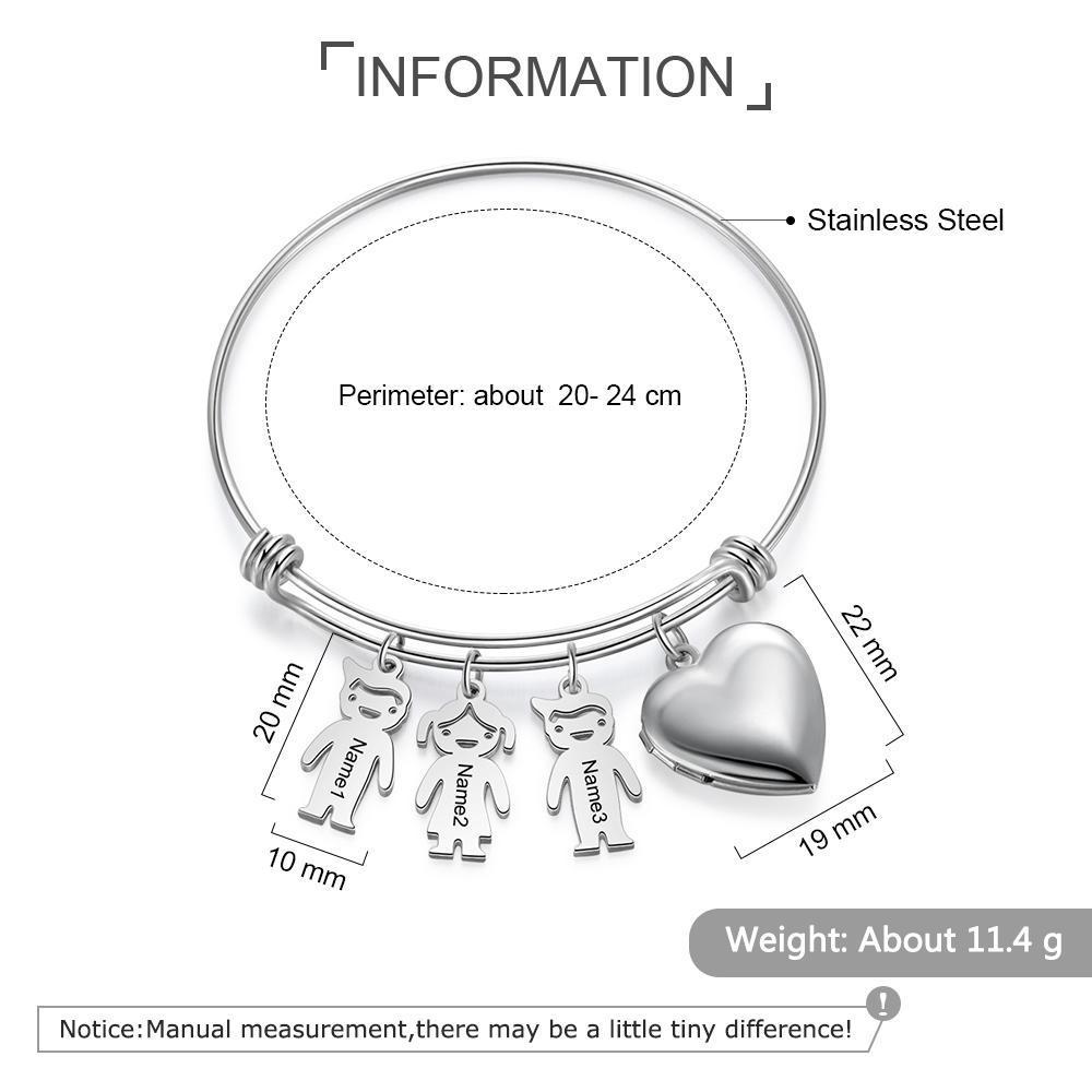 Bracelet Photo Personnalisé Coeur Avec 3 Enfants Breloques