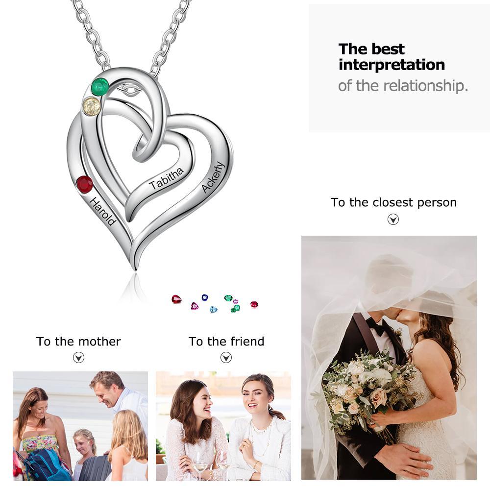Collier Cœur 3 Prénoms Personnalisés avec 3 Pierres de Naissance Pendentif