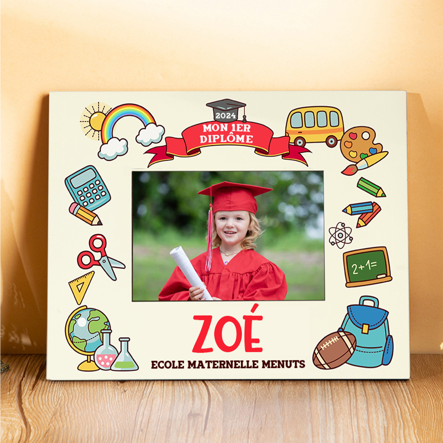 Cadre en Bois Diplômés de la Maternelle Prénom et Photo Personnalisés avec Année et Texte Cadeau pour Enfants