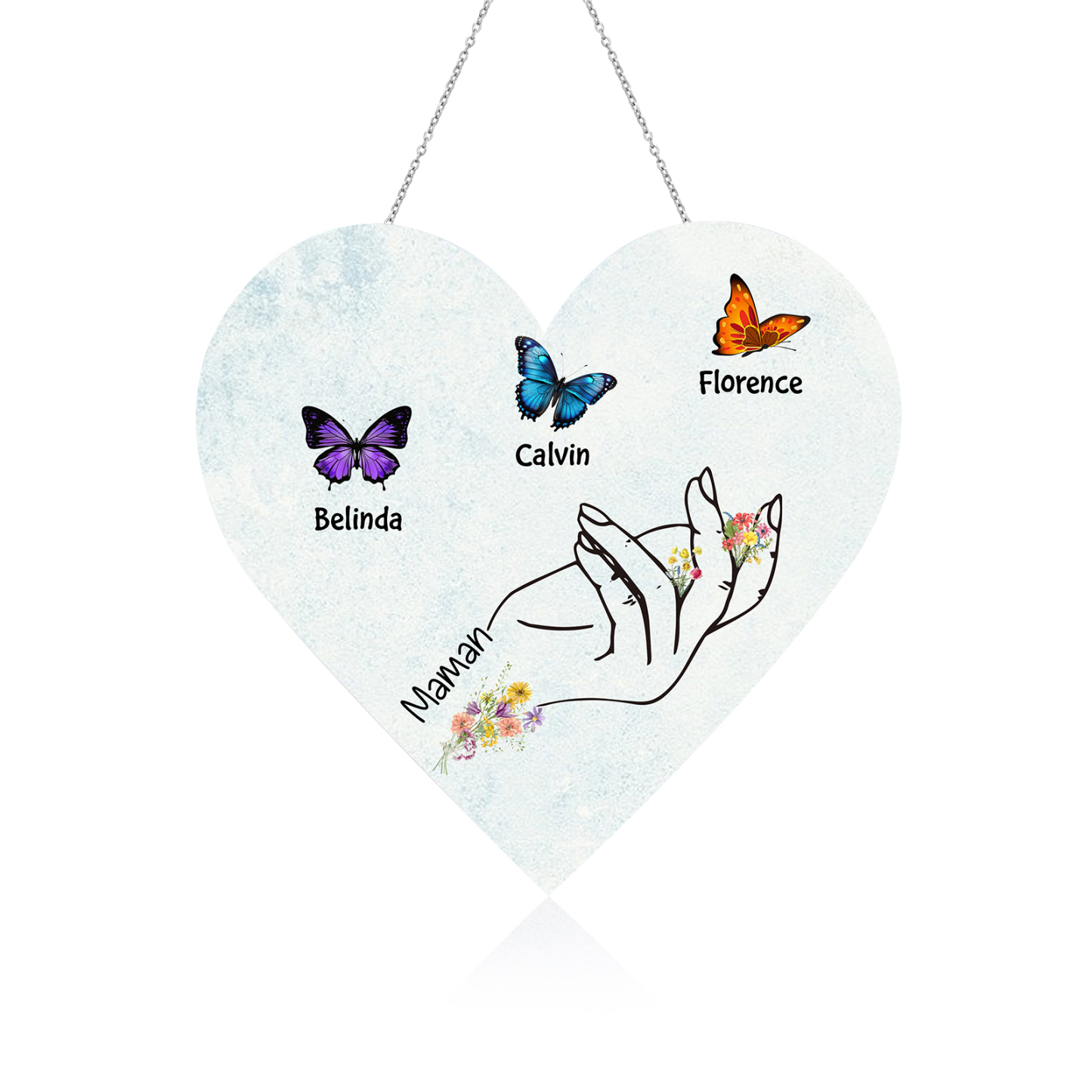 À Maman/Mamie - Veilleuse Cœur Décoration Main et Papillon 3 Prénoms Personnalisés avec 1 Texte