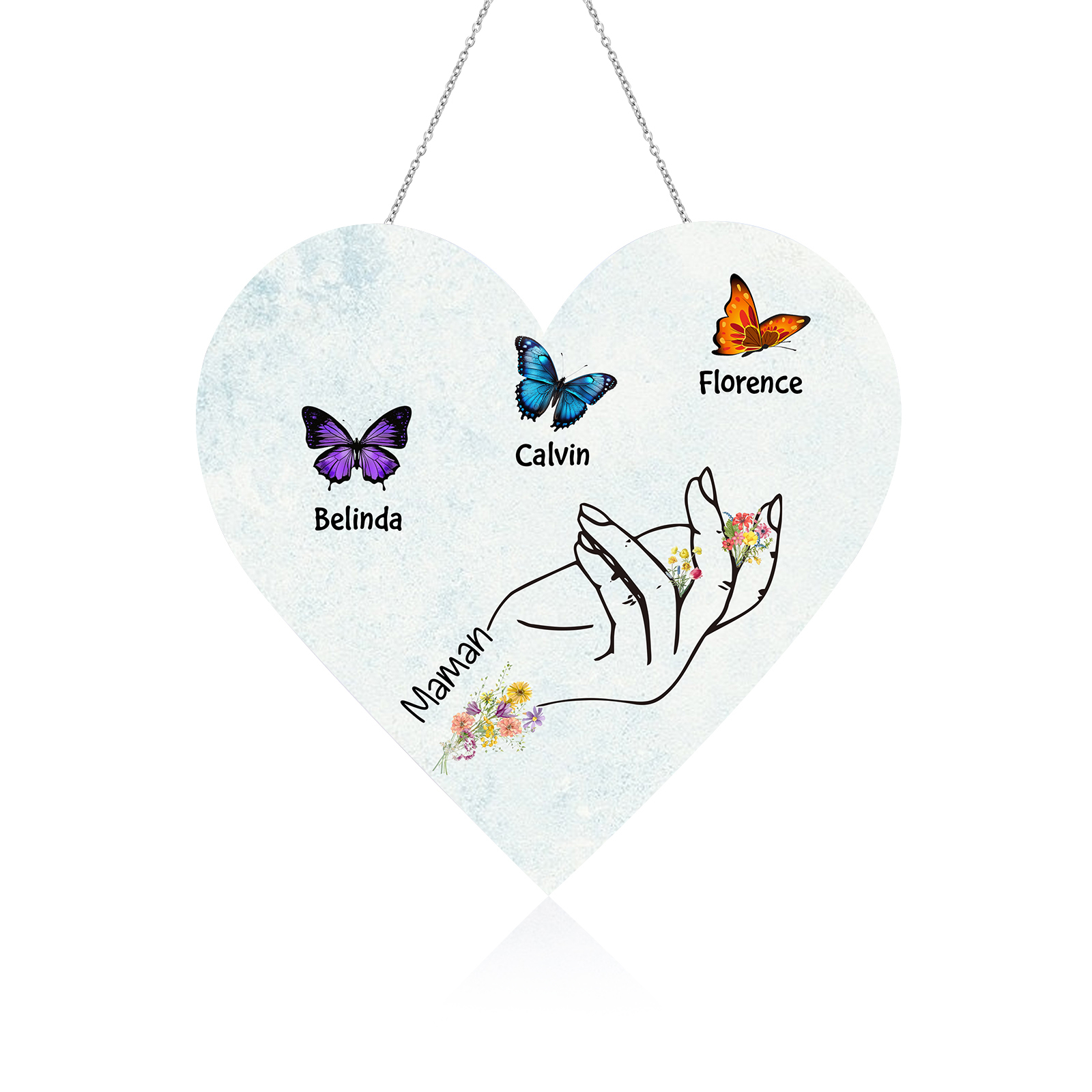 À Maman/Mamie - Veilleuse Cœur Décoration Main et Papillon 3 Prénoms Personnalisés avec 1 Texte