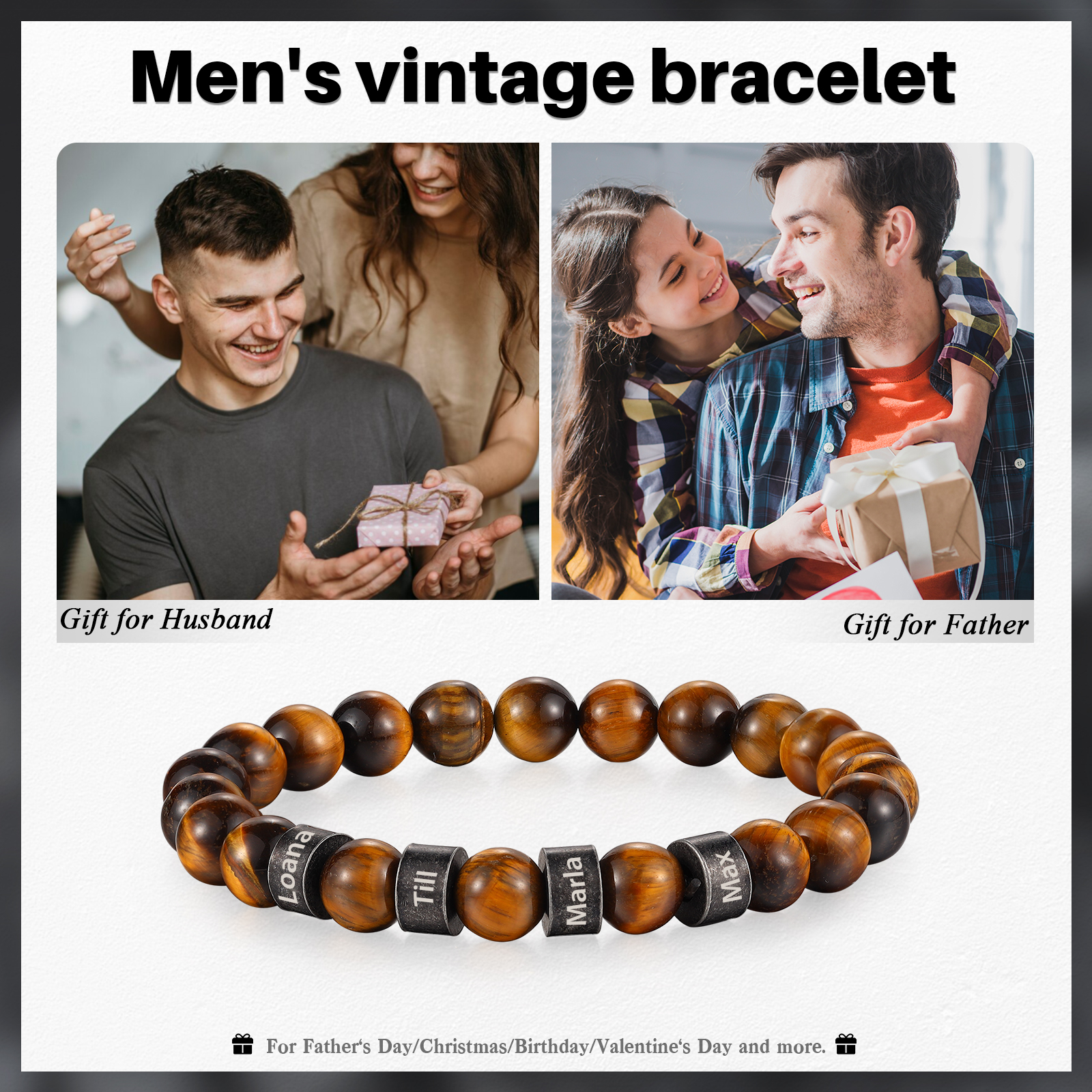 Bracelet d'Oeil de Tigre avec 4 Prénoms Personnalisés pour Homme