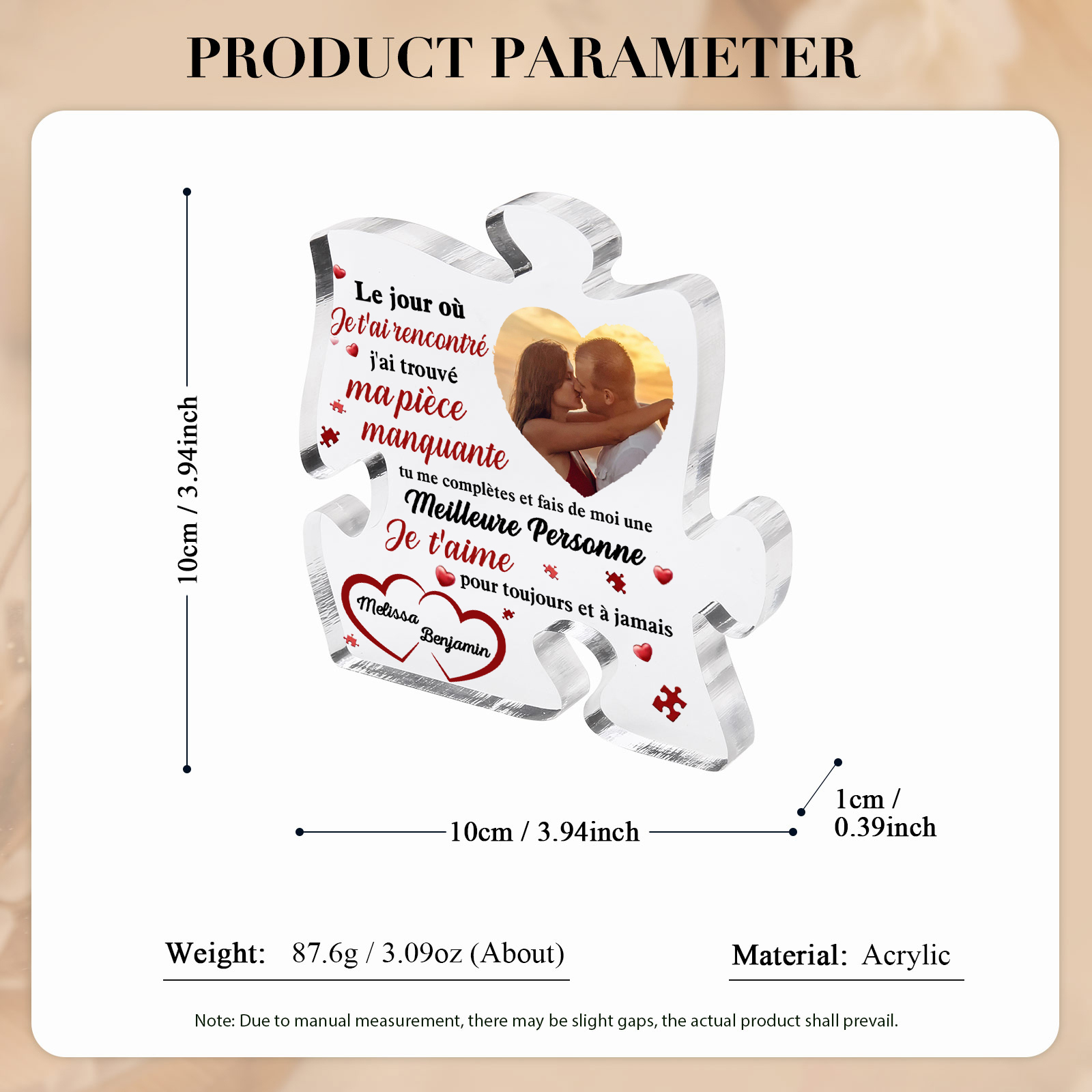 Plaque Acrylique en forme de Puzzle 2 Prénoms Personnalisés avec Photo pour Couple