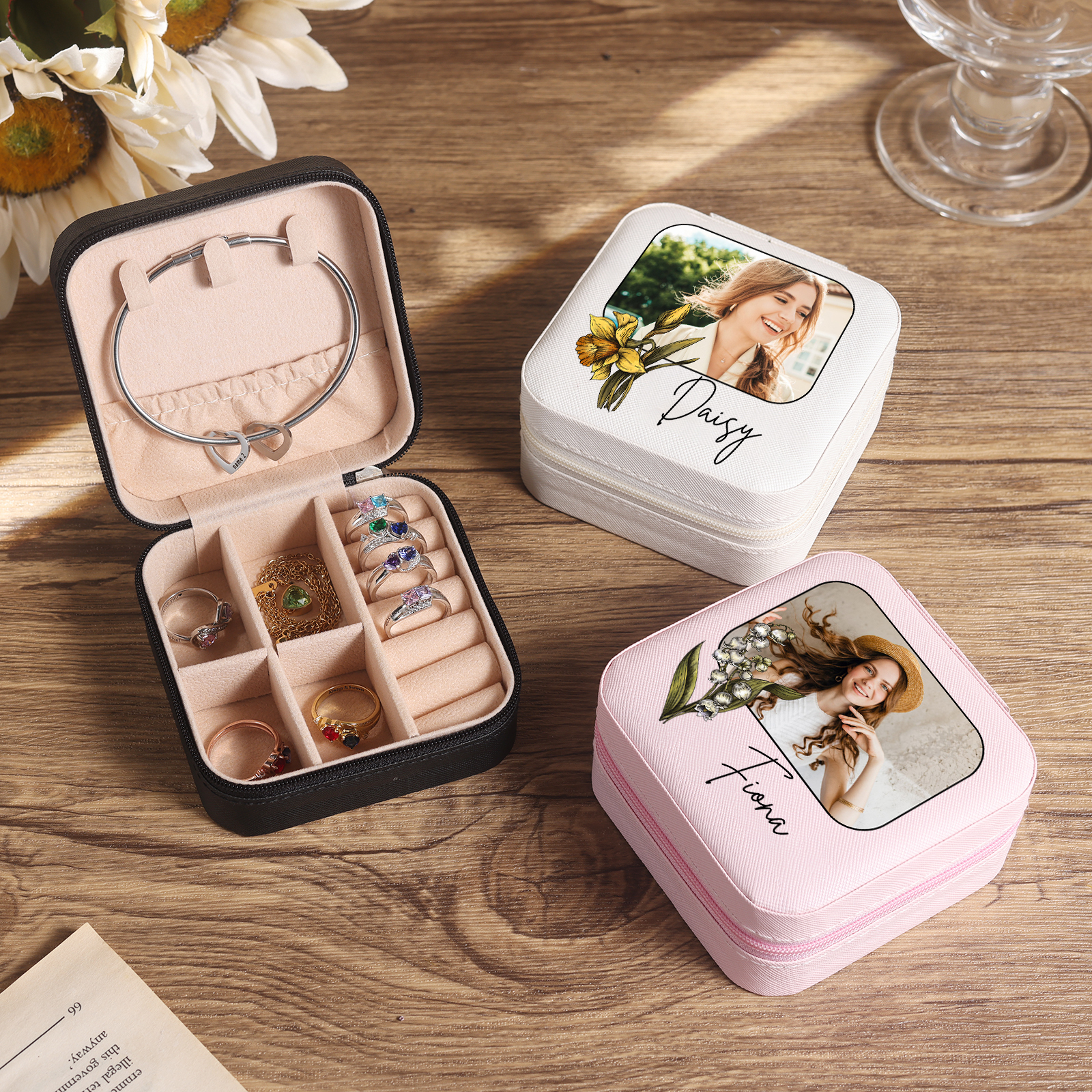 Boîte à Bijoux 1 Prénom et Photo Personnalisés avec Fleur de naissance