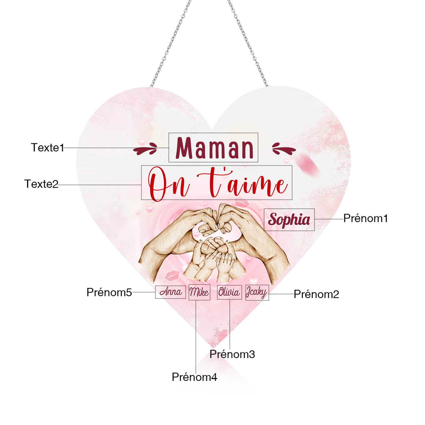 À Maman/Mamie - Veilleuse Cœur Décoration Mains et Enfants 5 Prénoms Personnalisés avec Texte