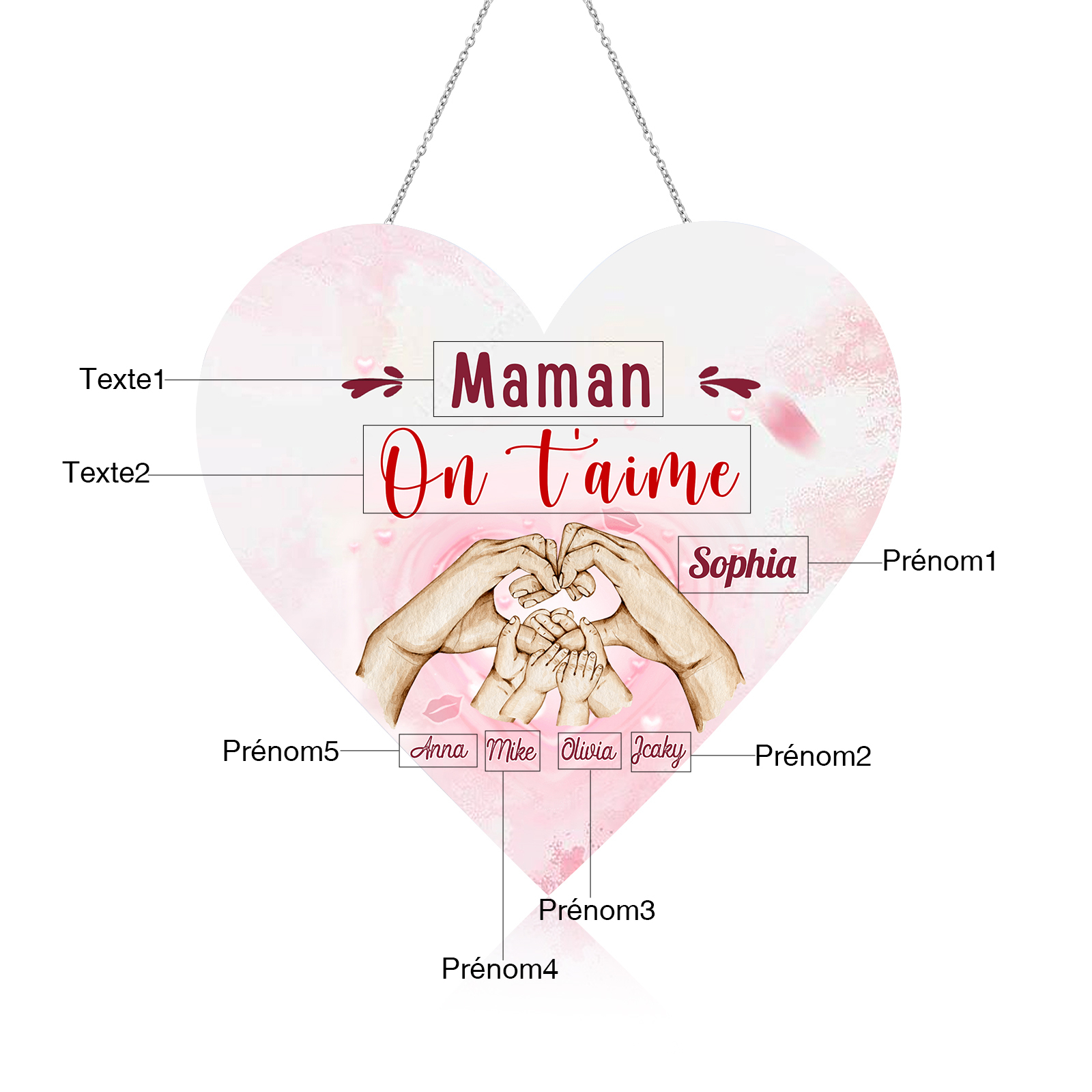 À Maman/Mamie - Veilleuse Cœur Décoration Mains et Enfants 5 Prénoms Personnalisés avec Texte