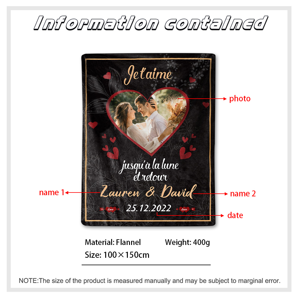 Couverture Plaids Polaire Cœur 2 Prénoms Personnalisés avec Photo et Date pour Couple | Jessemade