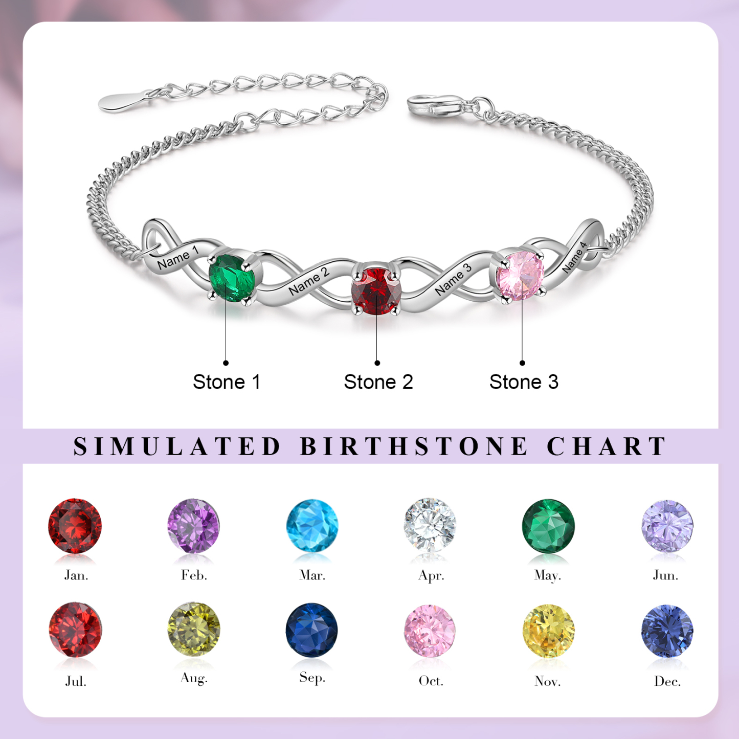 Bracelet Infini 4 Prénoms Personnalisés avec 3 Pierres de Naissance pour Femme