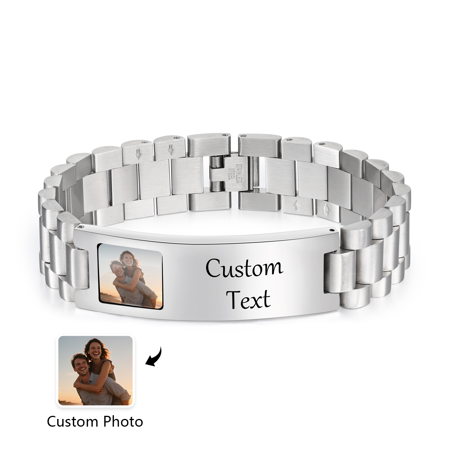Bracelet d’identification personnalisé pour homme avec photo en acier inoxydable