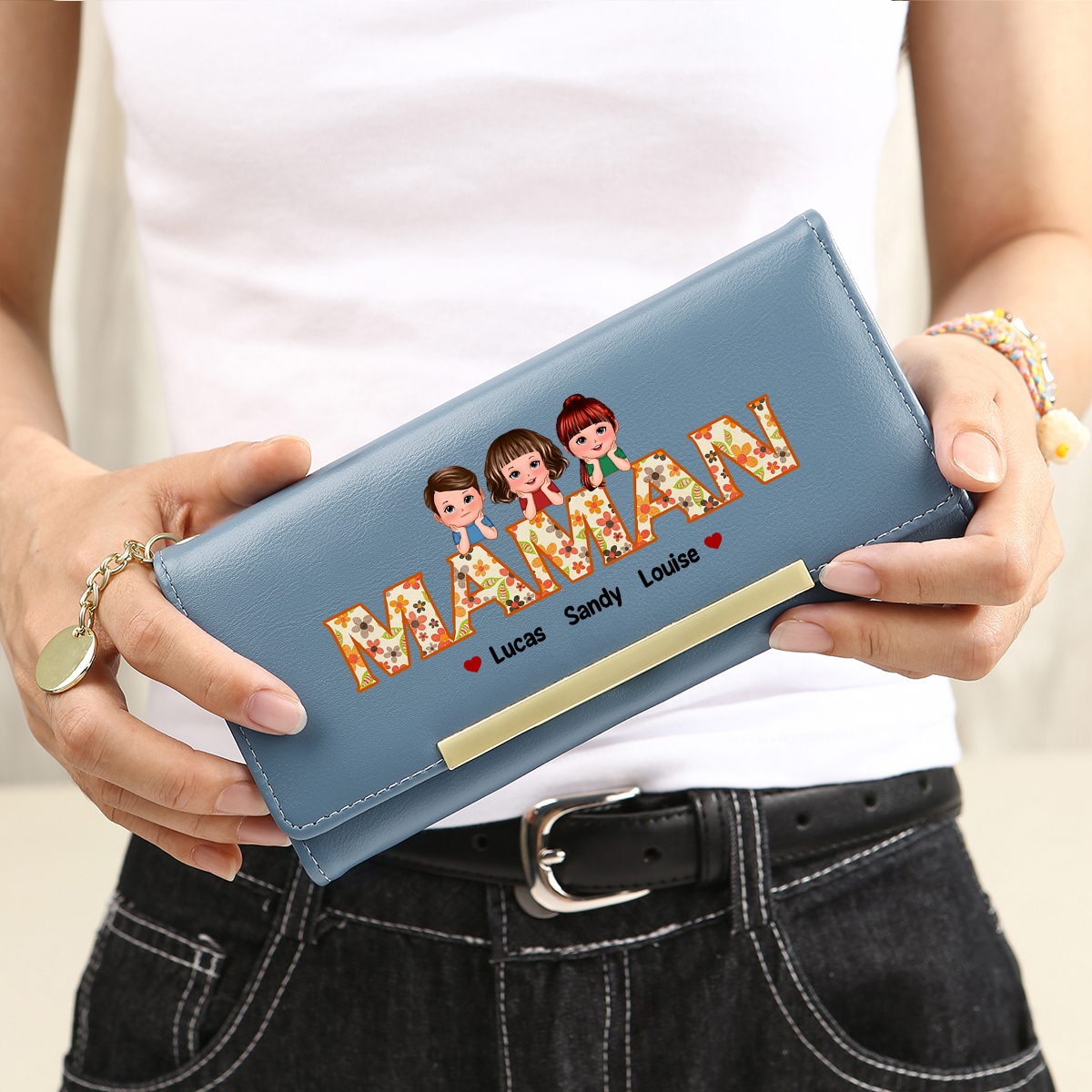 [Copy]À Maman/Mamie -Portefeuille Personnalisé avec 1-10 Prénoms et Enfants Porte-Monnaie Long en Cuir en Rose/Bleu/Jaune | Jessemade