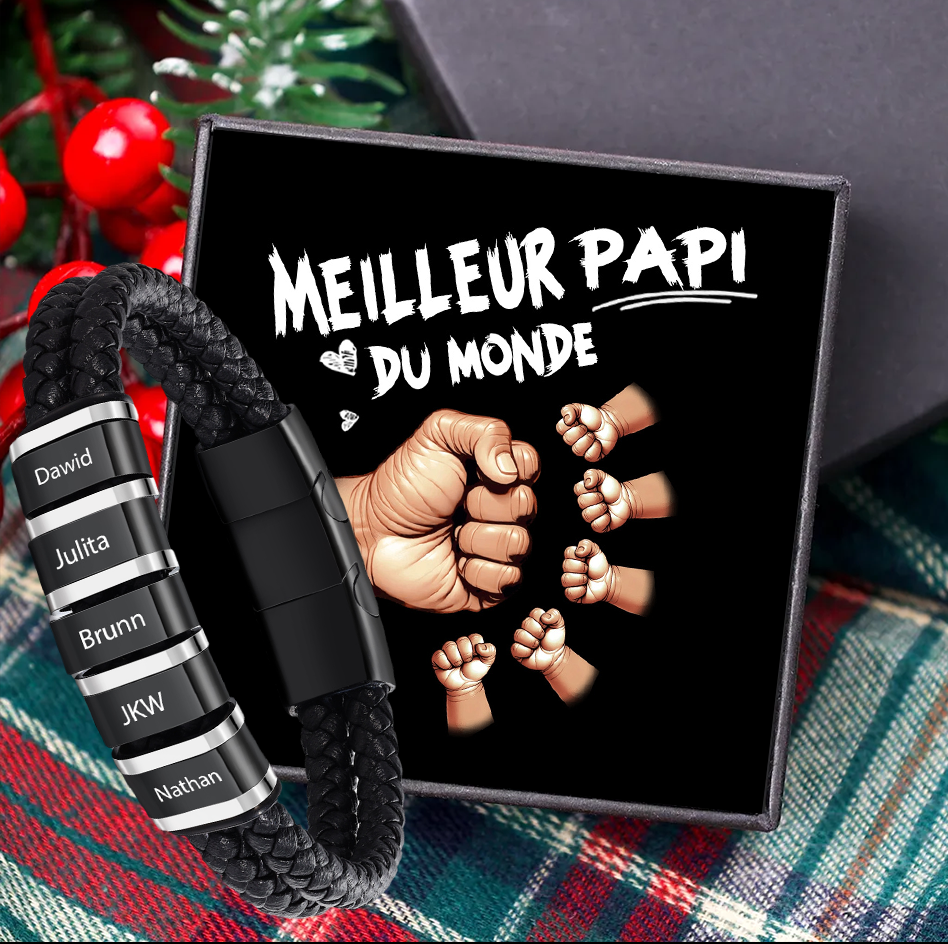 Bracelet Personnalisé Homme – Cuir Tressé Noir pour Papi/Papy