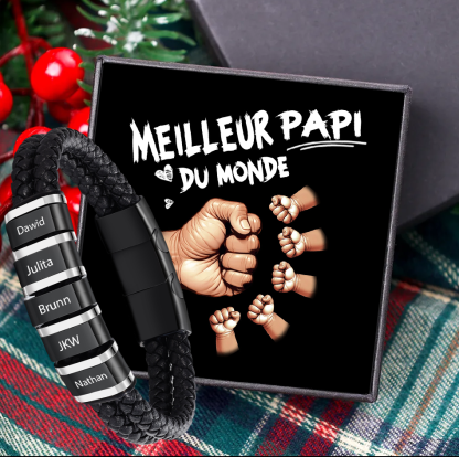 Bracelet Personnalisé Homme – Cuir Tressé Noir pour Papi/Papy