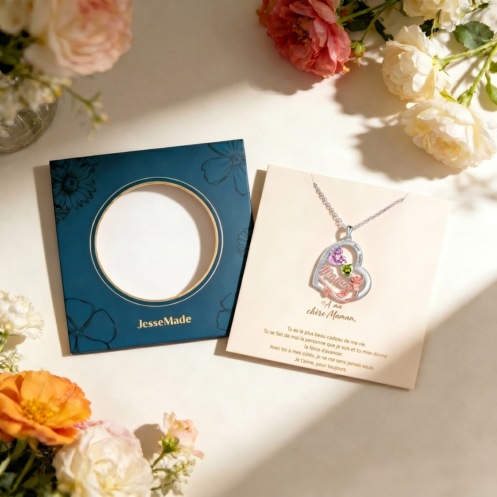 Collier Maman Personnalisé avec Bicolore Cœur et Rose, 1-4 Prénoms et Pierres de naissance