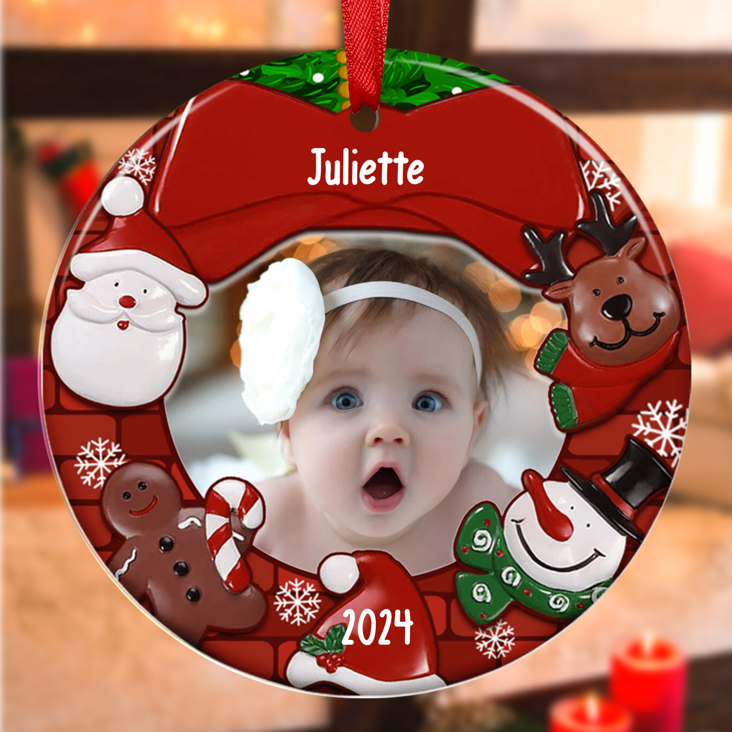Ornements de Noël Bébé en Bois Photo et Prénom Personnalisés avec Année