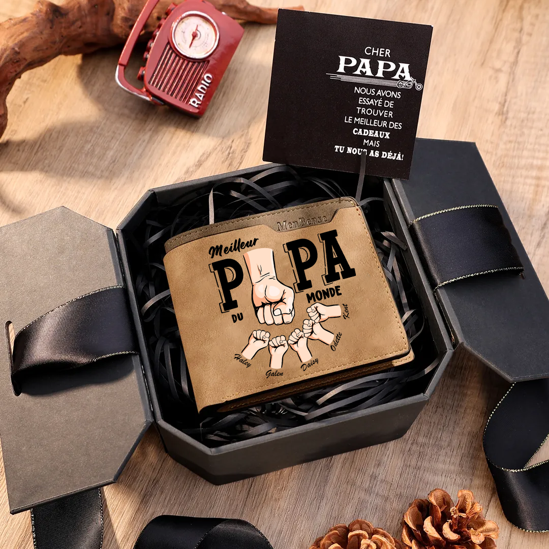 À Papa -Portefeuille Homme en cuir PU "Meilleur Papa du Monde" Personnalisé avec 5 Prénoms Portefeuille Poing Cadeau Fête des Pères | Jessemade