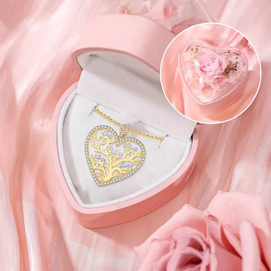 À Ma Maman - Collier Pendentif Arbre de vie Arbre généalogique 1-6 prénoms Avec Coffret Coeur | Jessemade