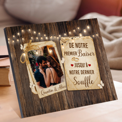 Cadre en Bois 2 Prénoms Personnalisés avec Photo pour Couple Cadeau Saint Valentin