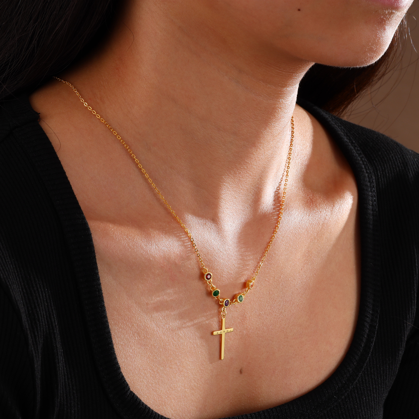 Collier Croix 2 Pierres de Naissance Personnalisés avec Texte Collier pour Femmes