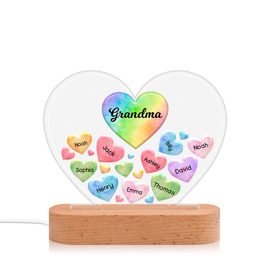 À Maman/Mamie - Lampe de chevet LED Cœurs 10 Prénoms Personnalisés avec 1 Texte