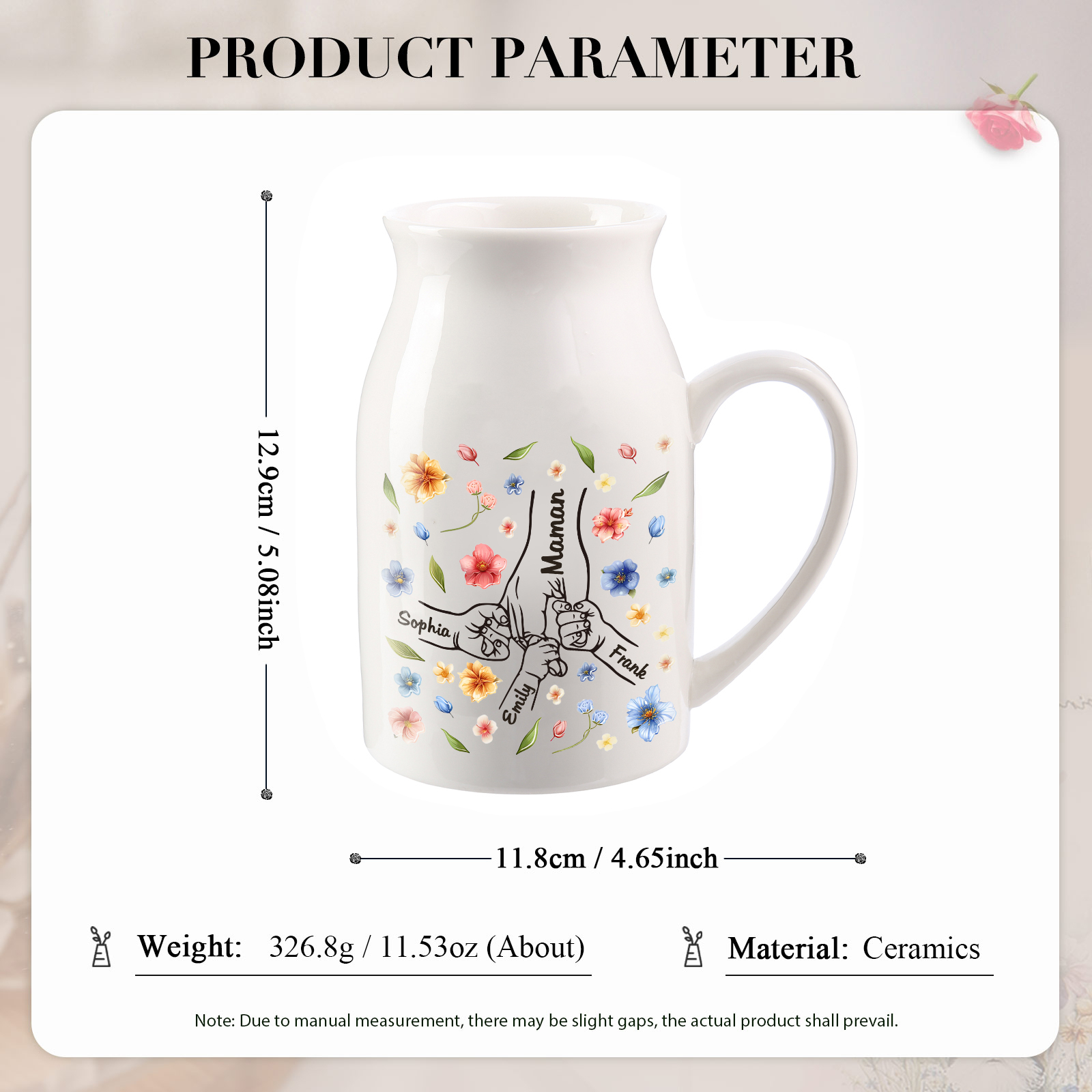 Vase à Fleurs la main dans la main 4 Prénoms Personnalisés Décoration de la Maison