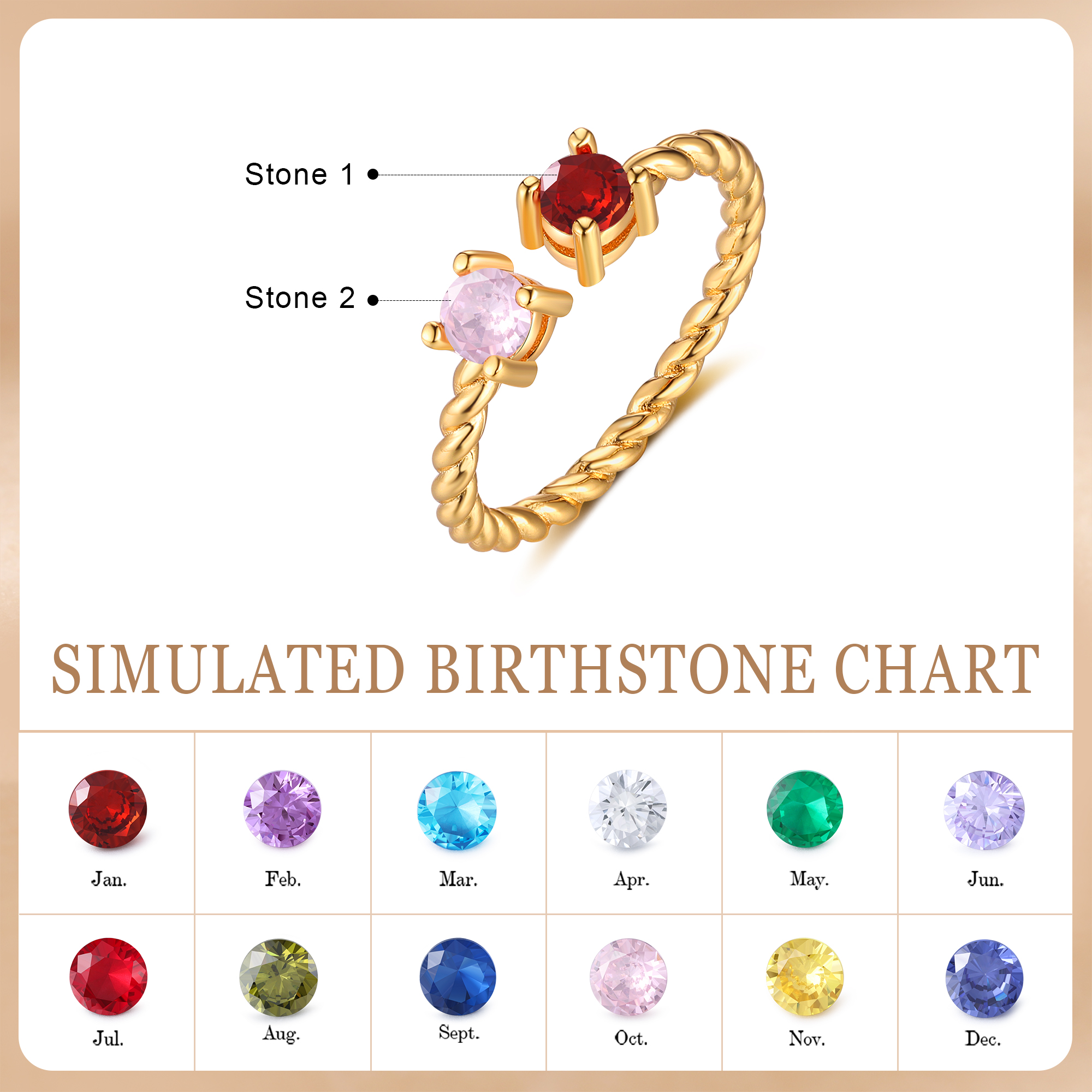 Bague Ouverte 2 Pierres de naissance Personnalisées pour Femmes