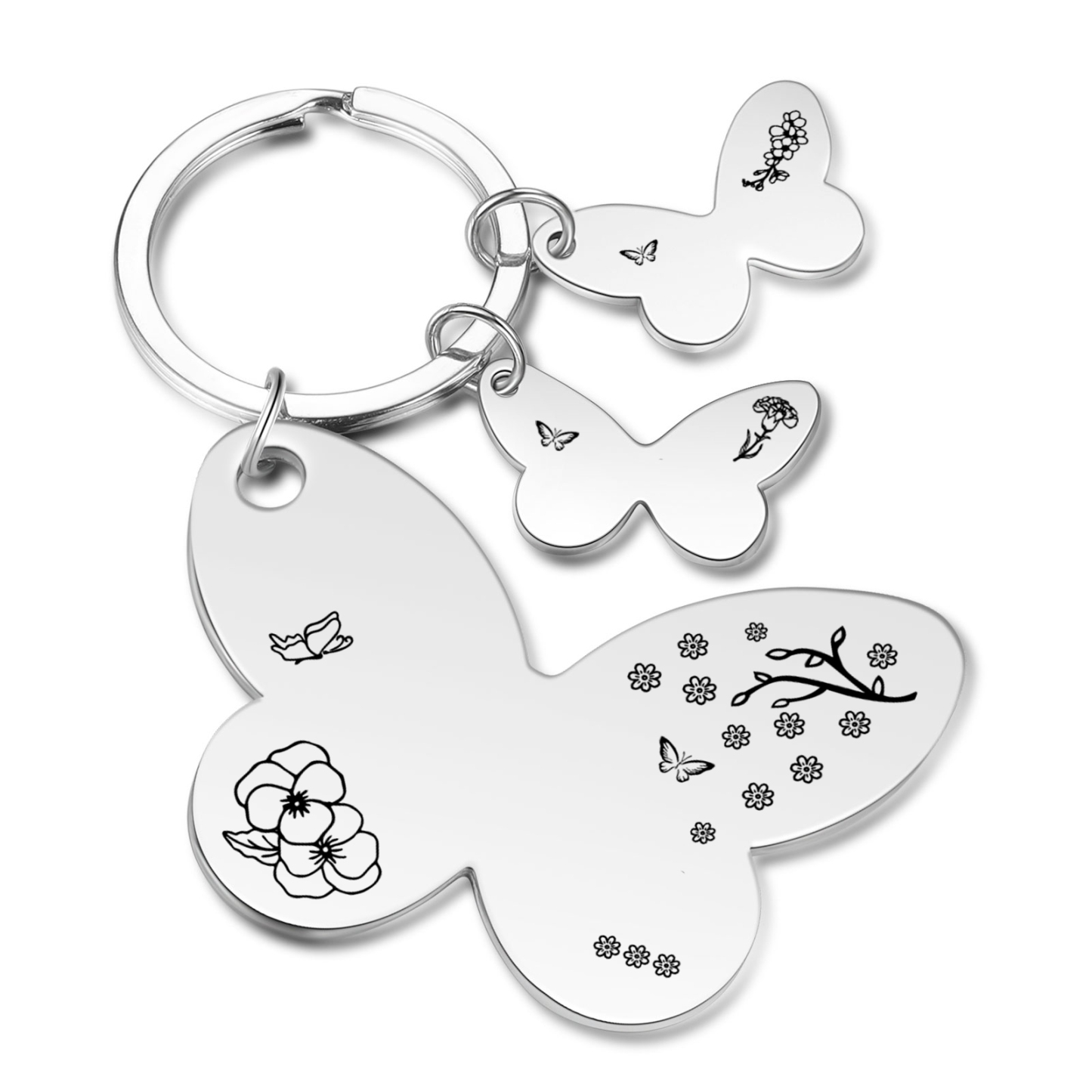 À Maman/Mamie - Porte-Clés Papillon 2 Prénoms et Fleurs de Naissance Personnalisés avec Texte 